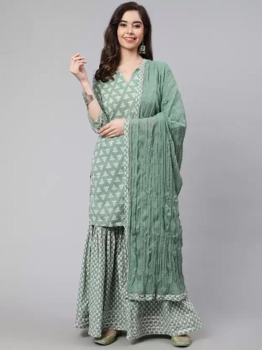 Women Pure Cotton Kurta Sharara Dupatta Set