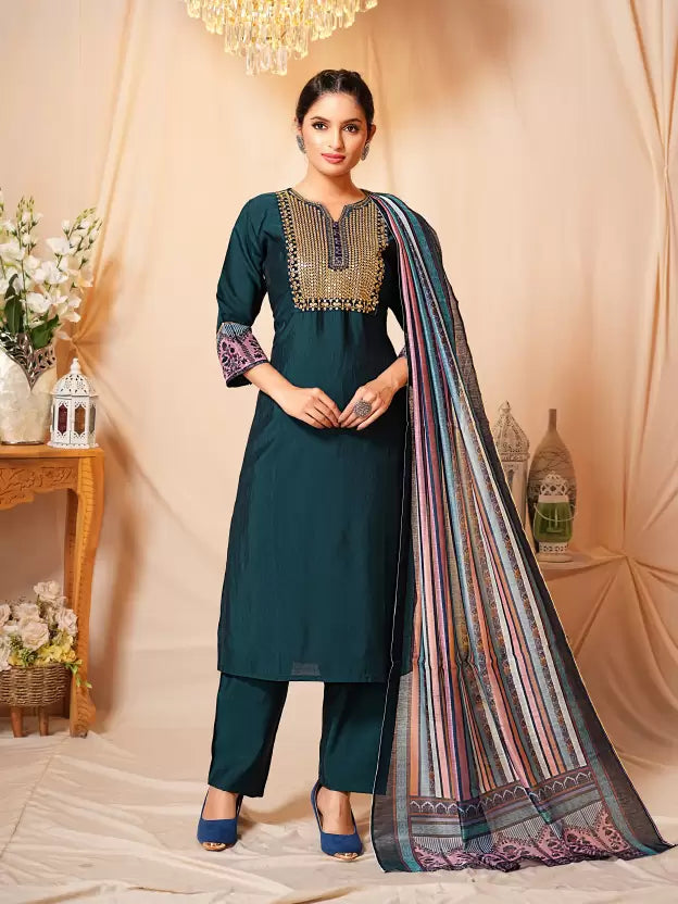 Women Multicolor Pure Silk Kurta Pant Dupatta Set