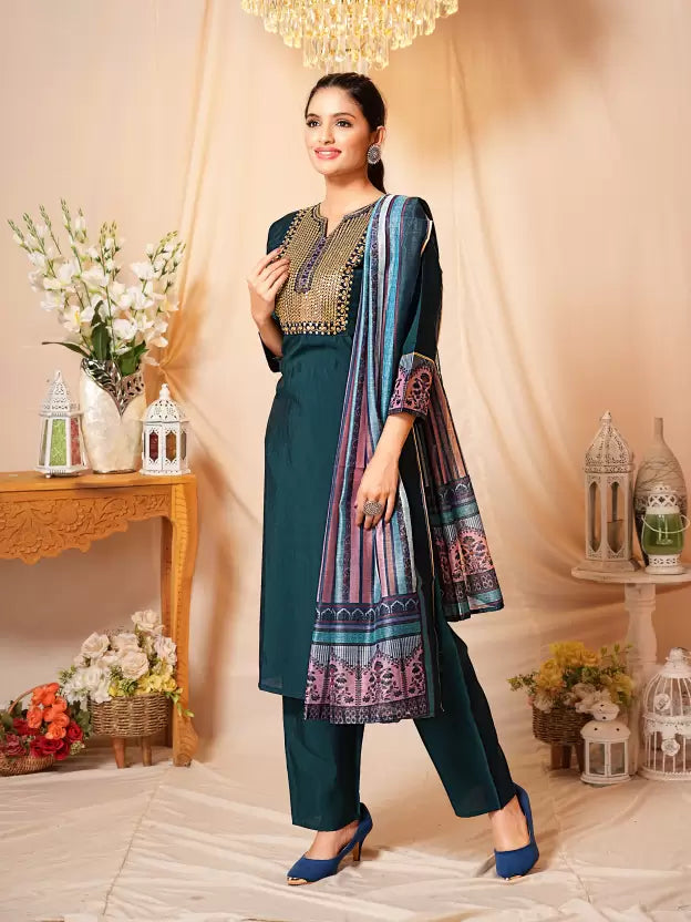 Women Multicolor Pure Silk Kurta Pant Dupatta Set