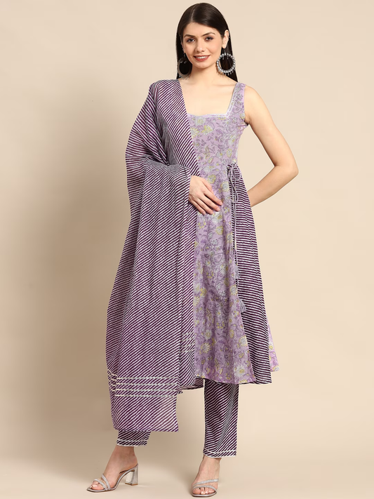 Women Purple Ethnic Motifs Printed Pure Cotton Kurta with Trousers & Dupatta