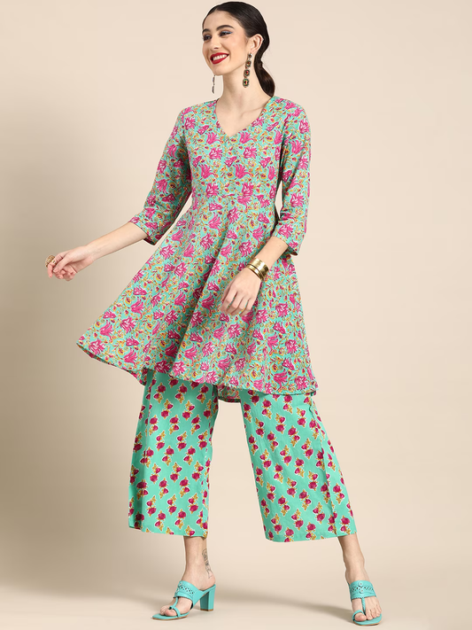 Women Sea Green Floral Printed Pure Cotton Kurta with Palazzos