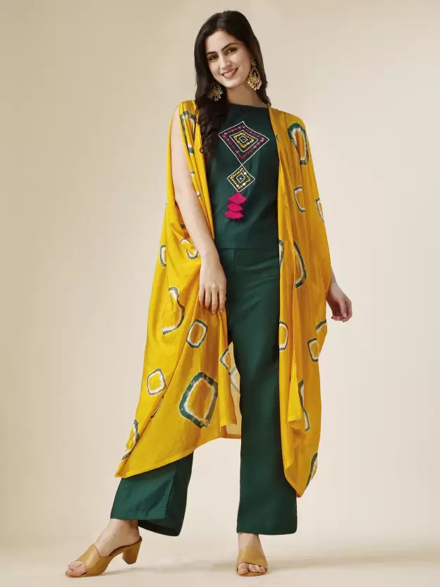 Women Silk Blend Crop Top Palazzo Ethnic Jacket Set