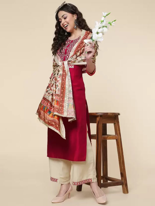 Women Silk Blend Kurta Palazzo Dupatta Set