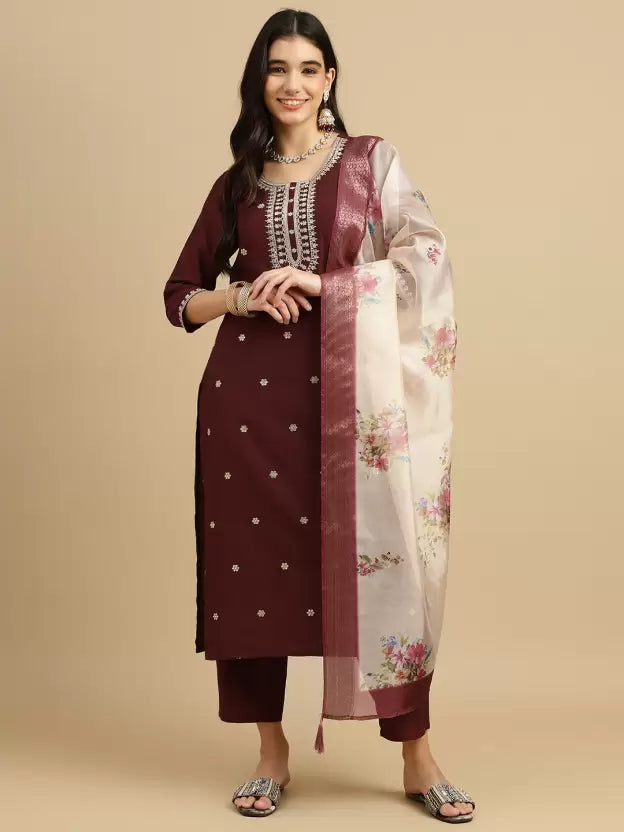 Women Silk Blend Kurta Pant Dupatta Set