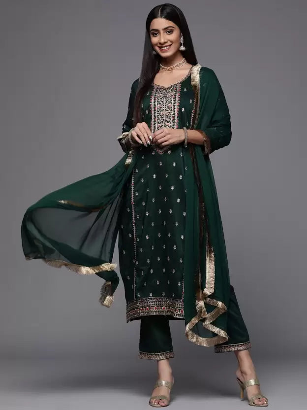 Women Silk Blend Kurta Pant Dupatta Set