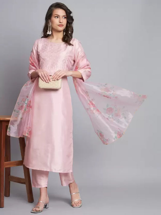 Women Silk Blend Kurta Pant Dupatta Set