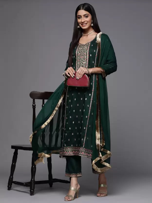 Women Silk Blend Kurta Pant Dupatta Set