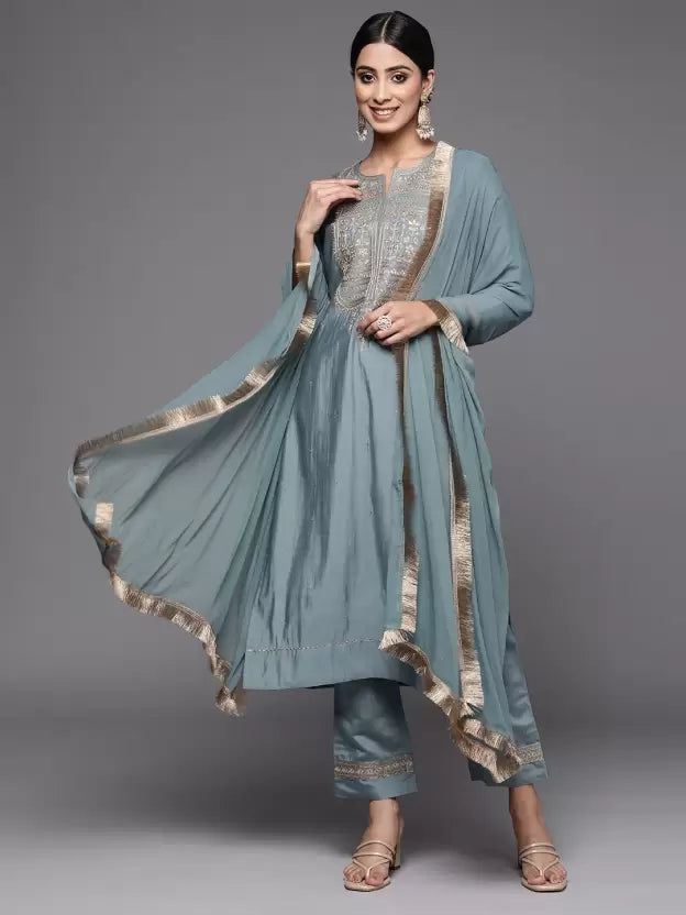 Women Silk Blend Kurta Trouser Dupatta Set