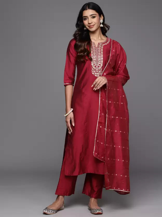 Women Silk Blend Kurta Trouser Dupatta Set