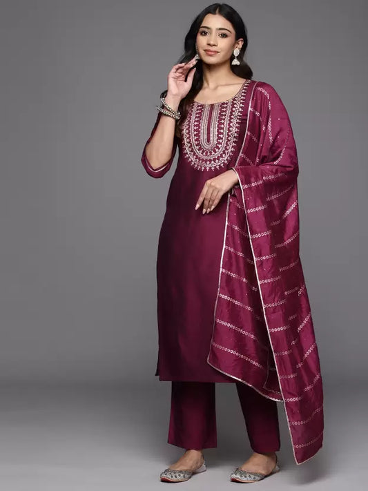 Women Silk Blend Kurta Trouser Dupatta Set