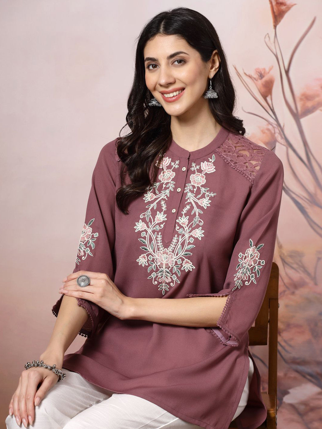 Women Solid Embroidered Straight Crepe Tunic