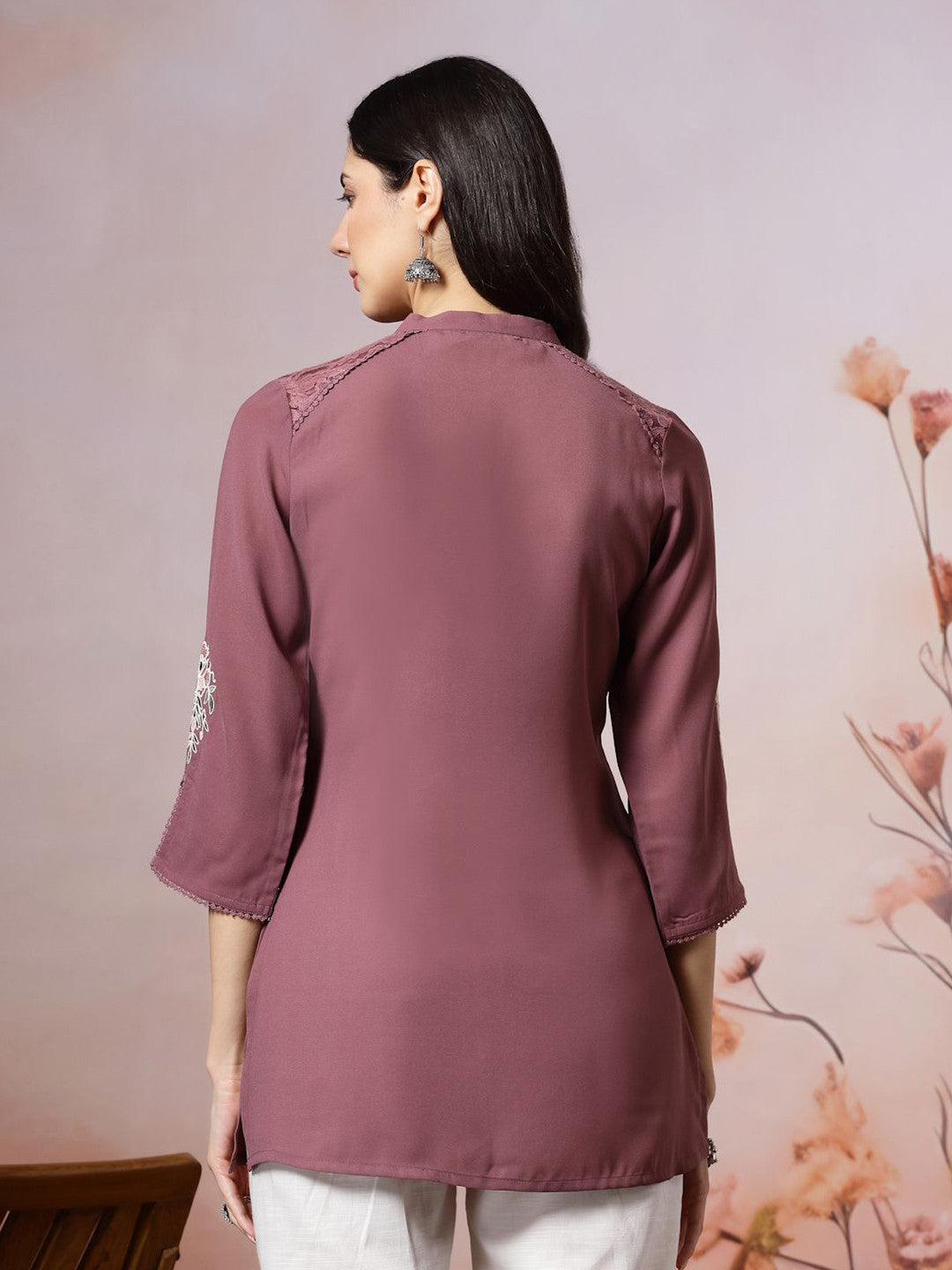 Women Solid Embroidered Straight Crepe Tunic