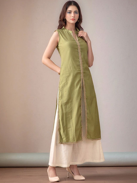 Mandarin Collar Sleeveless Gotta Patti Straight Kurta With Palazzo - Amy's Cart