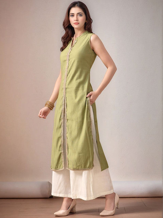 Mandarin Collar Sleeveless Gotta Patti Straight Kurta With Palazzo - Amy's Cart