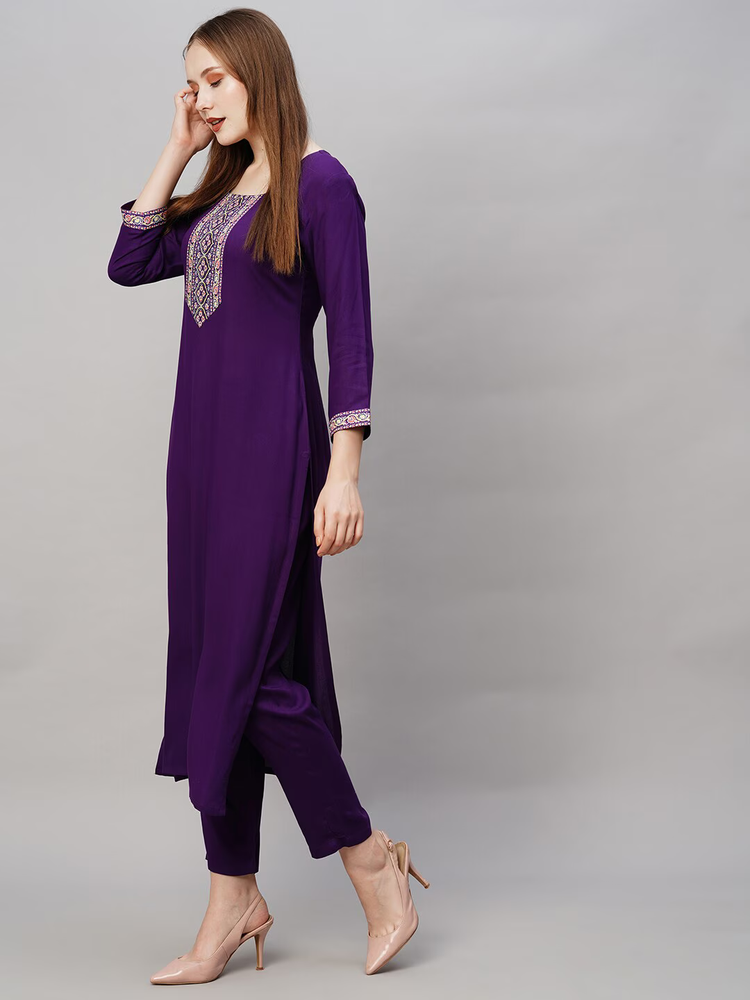 Women Solid Straight Kurta with Trousers & With Dupatta