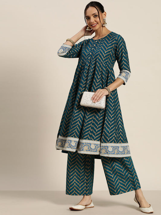 Women Teal Blue & Golden Geometric Panelled Pure Cotton Kurta with Palazzos