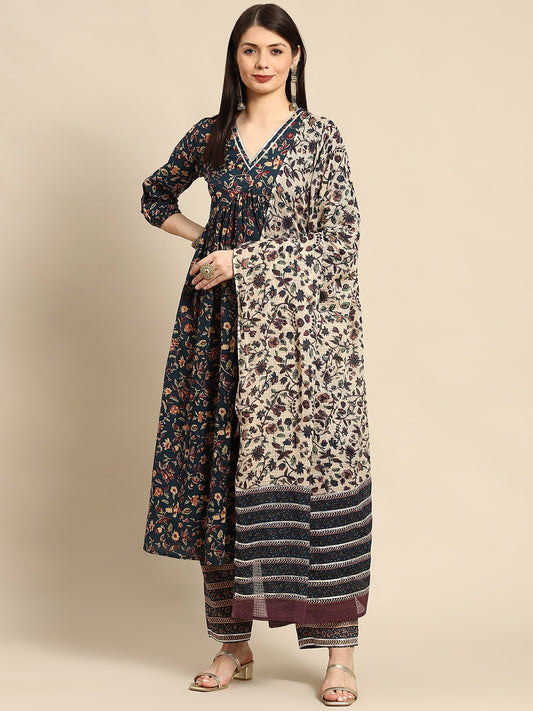 Women Teal Green Ethnic Motifs Printed Pure Cotton Kurta with Trousers & Dupatta