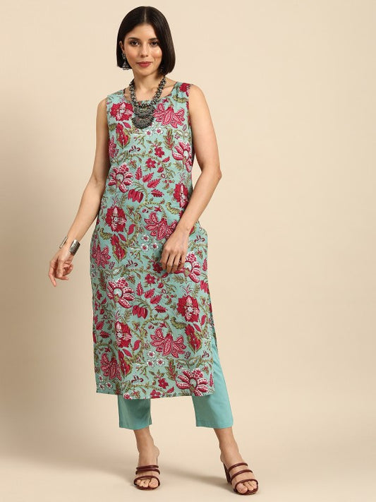 Women Turquoise Blue Floral Printed Pure Cotton Kurta with Trousers