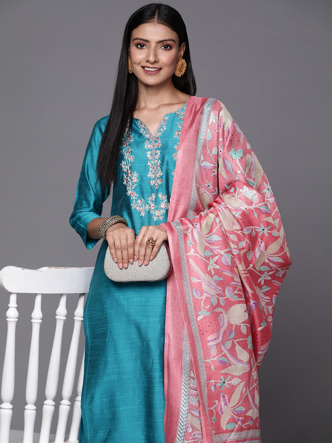 Women Turquoise Blue & Pink Floral Embroidered Kurta with Trousers & Dupatta