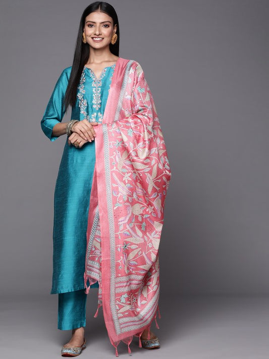 Women Turquoise Blue & Pink Floral Embroidered Kurta with Trousers & Dupatta