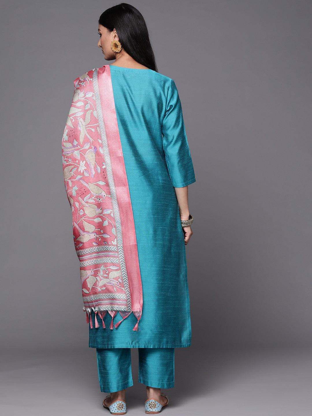 Women Turquoise Blue & Pink Floral Embroidered Kurta with Trousers & Dupatta