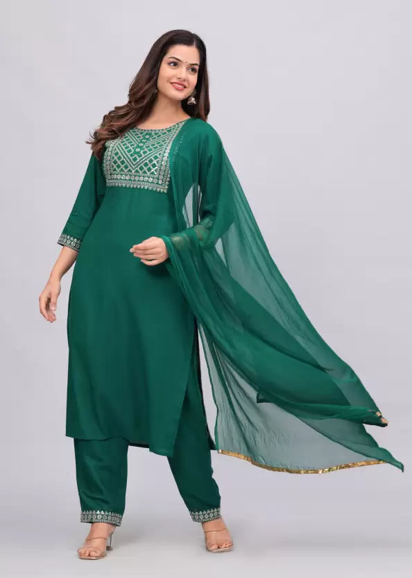 Women Viscose Rayon Kurta Palazzo Dupatta Set