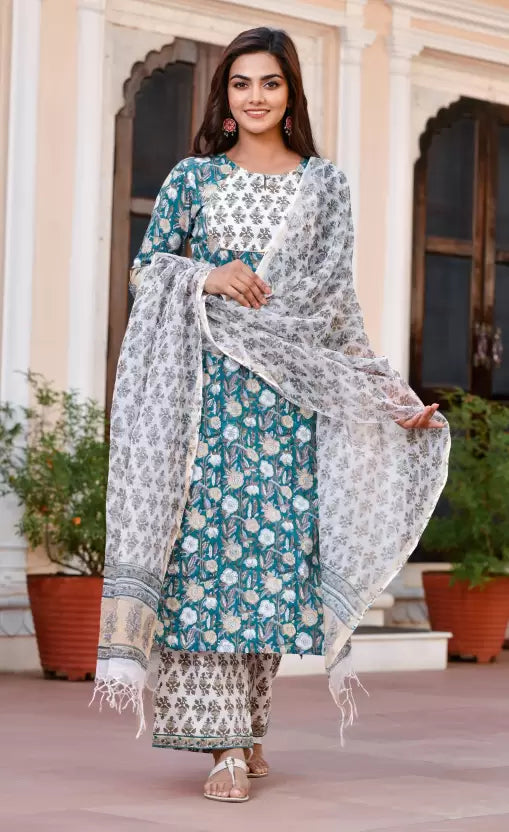 Women Viscose Rayon Kurta Palazzo Dupatta Set