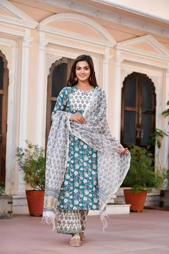 Women Viscose Rayon Kurta Palazzo Dupatta Set