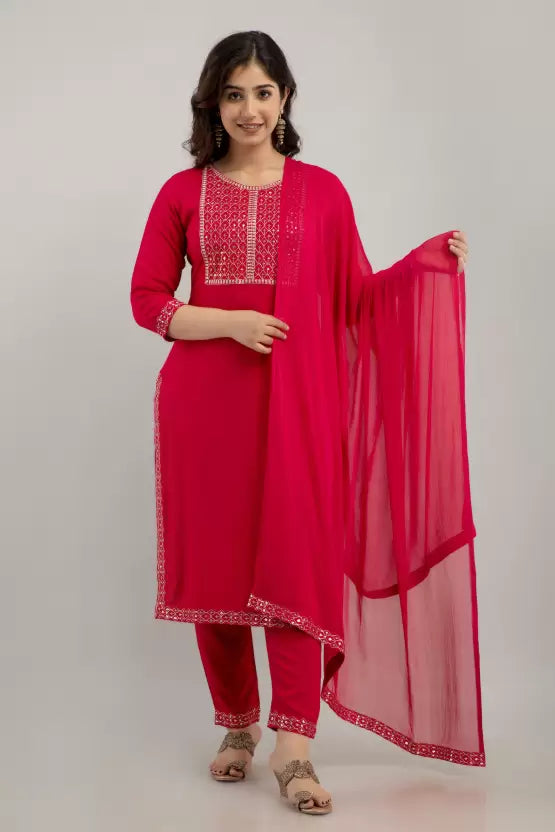 Women Viscose Rayon Kurta Pant And Dupatta Set