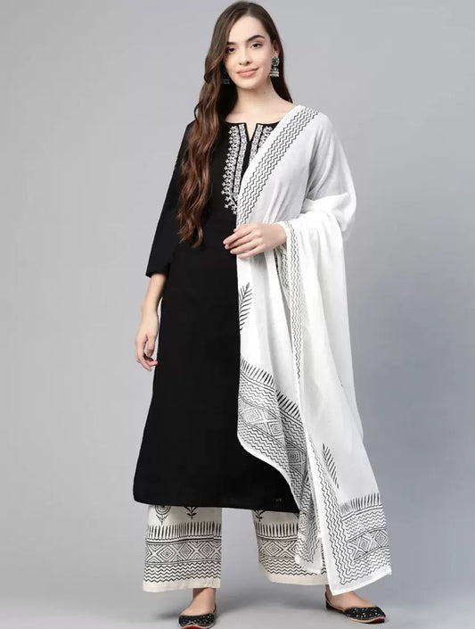 Women Viscose Rayon Kurti Palazzo Dupatta Set