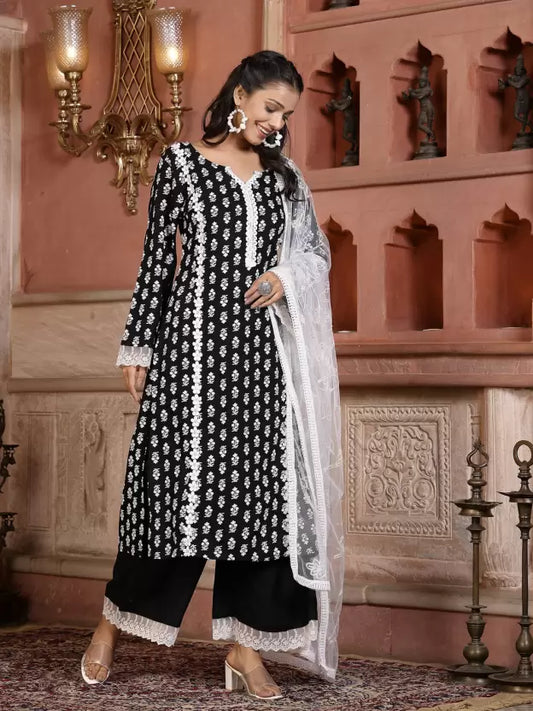 Women Viscose Rayon Net Kurta Palazzo Dupatta Set