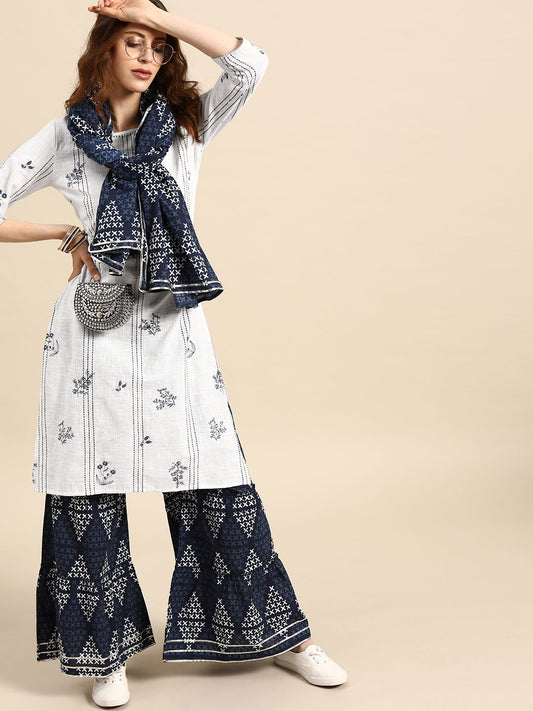Women White & Navy Blue Embroidered Kurta with Printed Sharara & Dupatta