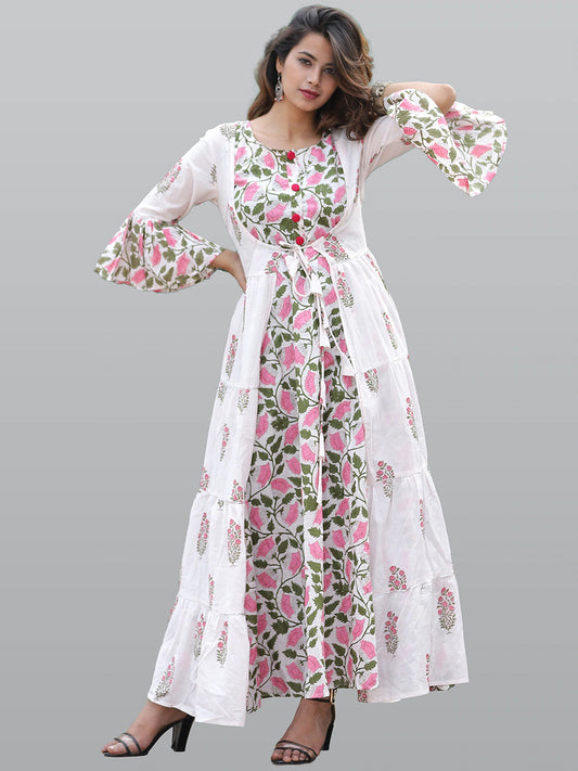 Women White & Pink Floral Printed Flared Sleeves Floral Anarkali Kurta