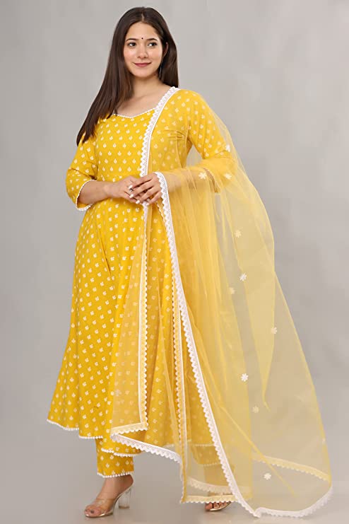 Women's Cotton Anarkali Kurta with Pants and Dupatta
