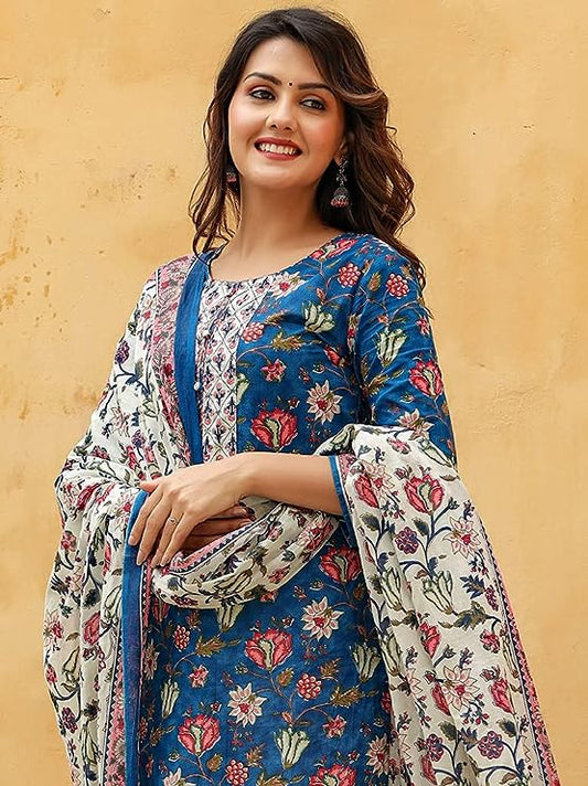 Women's Cotton Blend Floral Printed Straight Kurta Pant with Dupatta