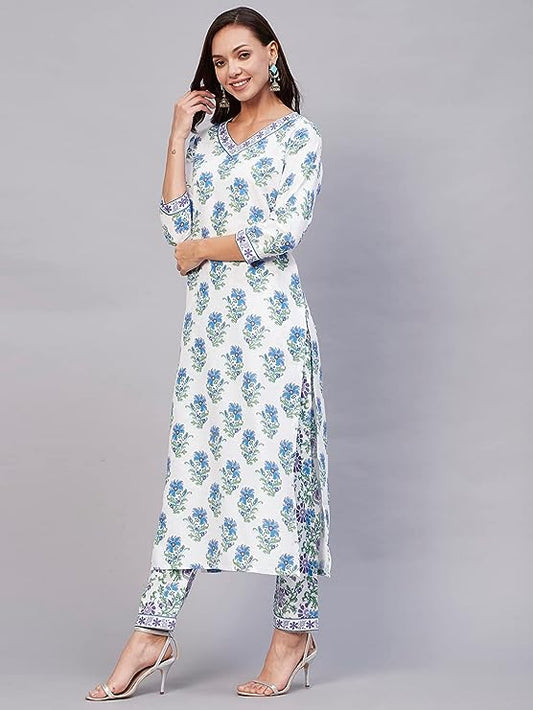 Women's Cotton Blend Printed Straight Kurta with Pant