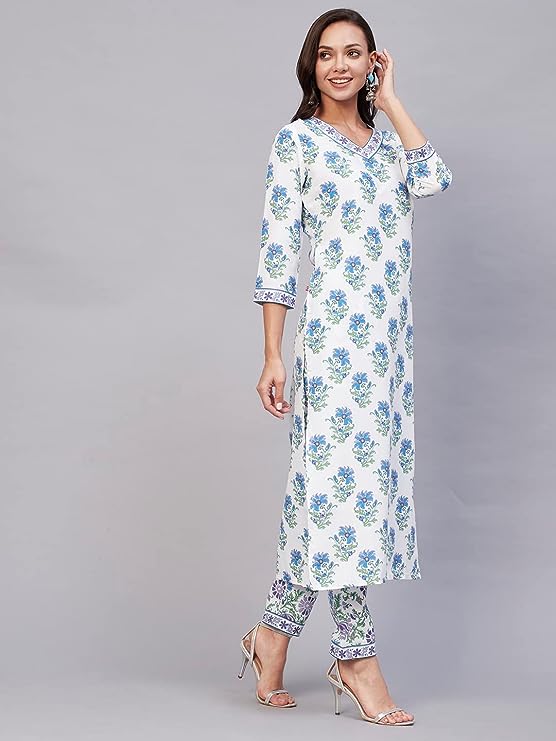 Women's Cotton Blend Printed Straight Kurta with Pant