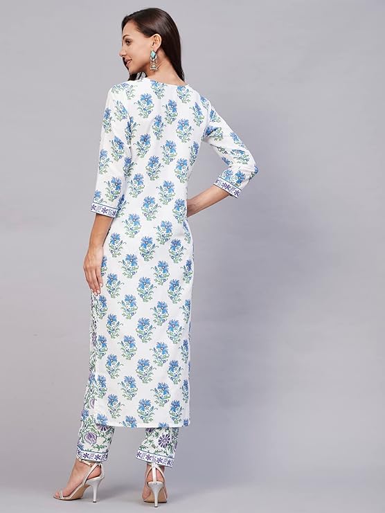 Women's Cotton Blend Printed Straight Kurta with Pant