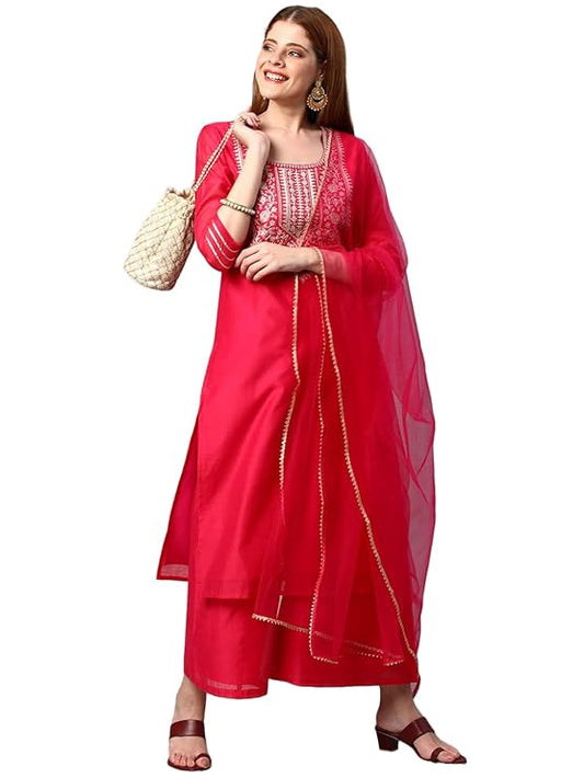 Women's Cotton Blend Solid Straight Kurta with Palazzos & Dupatta