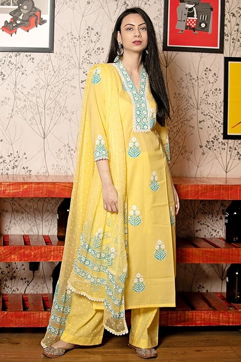 Women's Cotton Blend Straight Hand Block Printed Kurta with Pant & Dupatta