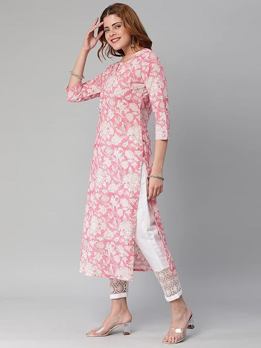 Women's Cotton Blend Straight Printed Kurta with Pant Set