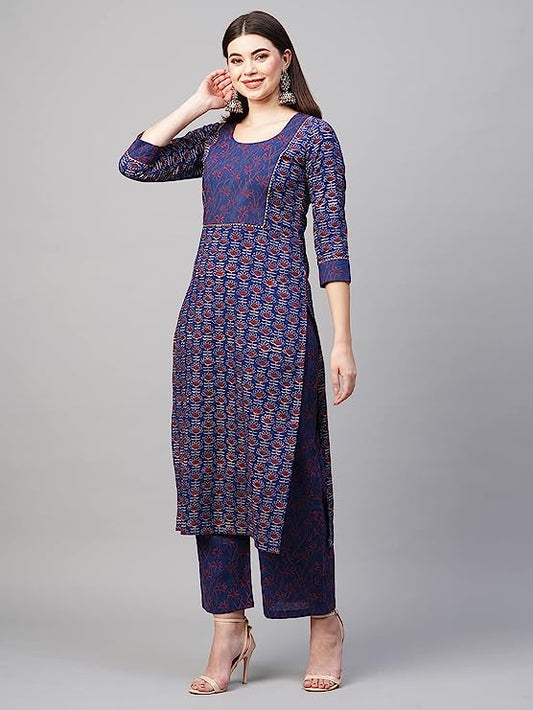 Women's Cotton Blend Straight Printed Kurta with Pant Set