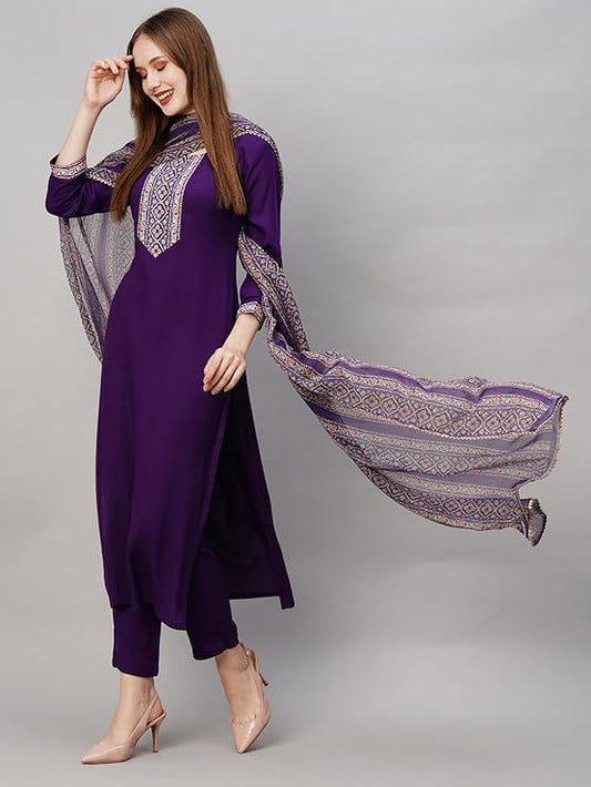 Women's Cotton Blend Straight Solid Kurta with Pant & Dupatta