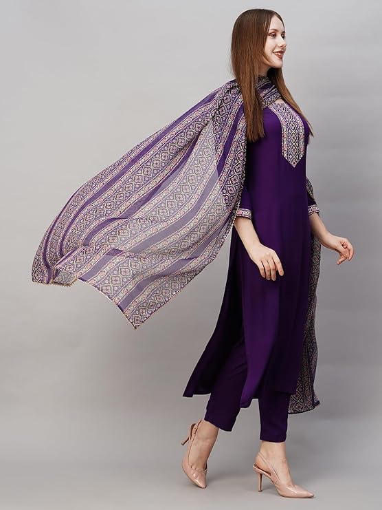 Women's Cotton Blend Straight Solid Kurta with Pant & Dupatta