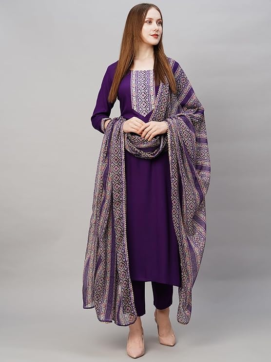 Women's Cotton Blend Straight Solid Kurta with Pant & Dupatta