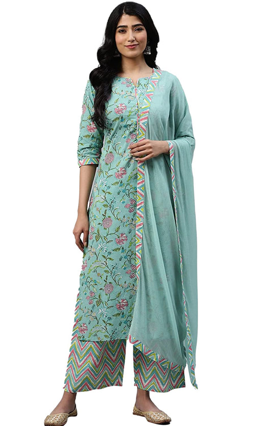 Women's Cotton Printed Straight Kurti with Palazzos and Dupatta Set
