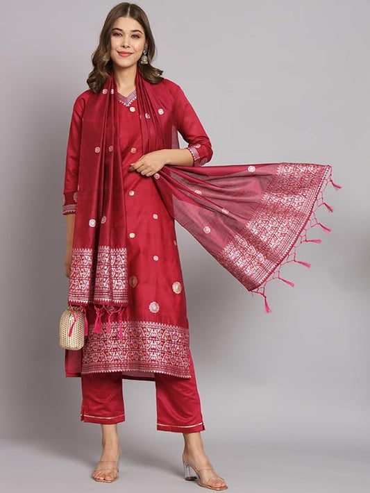 Women's Cotton Silk Embroidered Kurta with Pant & Dupatta Set