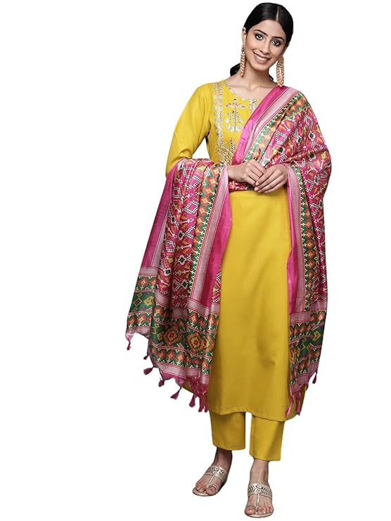 Women's Embroidered Cotton Straight Kurta with Pant and Dupatta Set