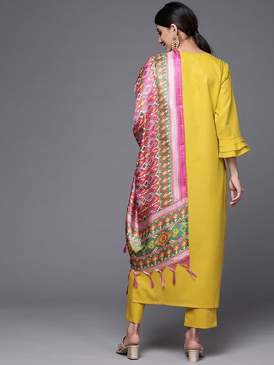 Women's Embroidered Cotton Straight Kurta with Pant and Dupatta Set