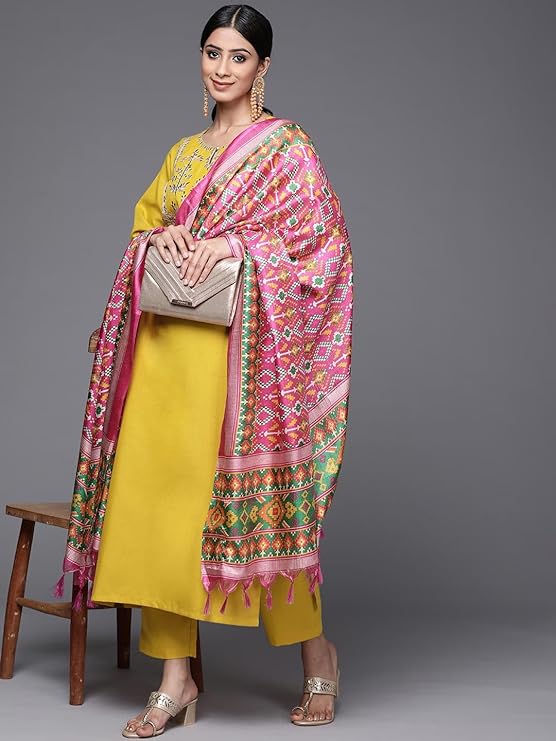 Women's Embroidered Cotton Straight Kurta with Pant and Dupatta Set